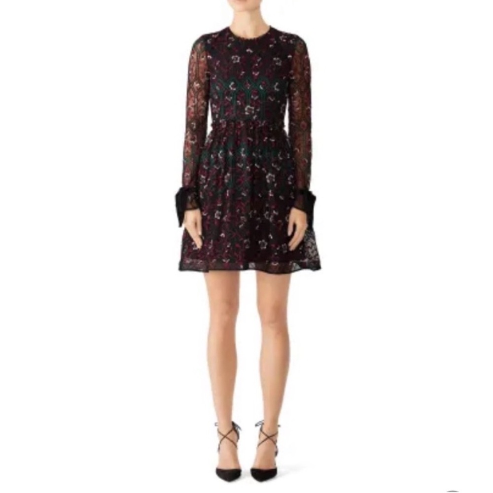 ML Monique Lhuillier Vine Embroidered Velvet Bow Trim Dress Sz 6
